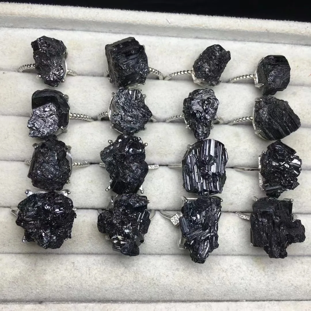 1 шт Кольцо с натуральным необработанным Черным турмалином Fengbaowu из стерлингового серебра 925 Пробы, Исцеляющий камень Рейки, Ювелирный подарок для мужчин и женщин