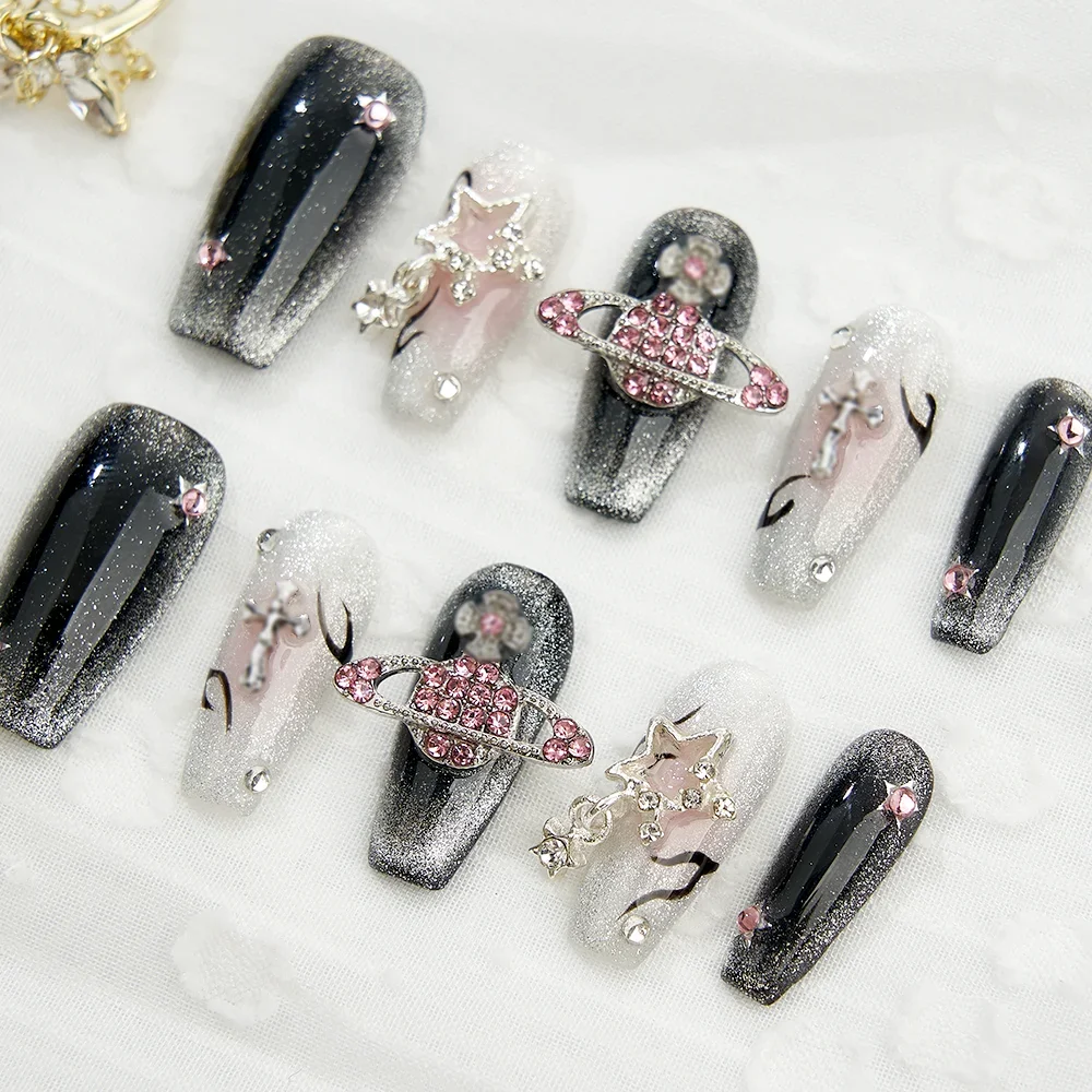 10шт акриловых ногтей Almond Y2K накладные ногти Черный Розовый градиент, полное покрытие, длинные накладные ногти для женщин и девочек