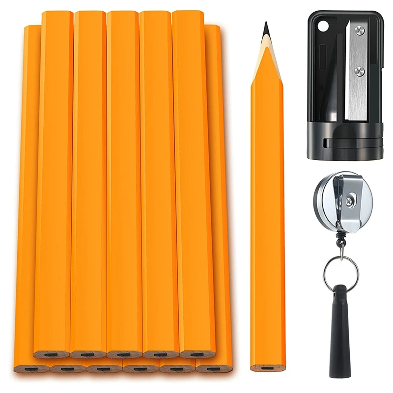 12 шт. плоских восьмиугольных плотницких карандашей HB диаметром 7 дюймов с точилкой для карандашей, выдвижным держателем для ручек