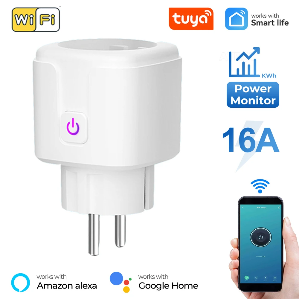 16A Smart Plug EU WiFi Умная розетка с контролем мощности электрических розеток Tuya APP Control Timing Работает с Alexa Google