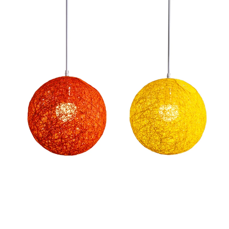 2 шт. Люстра из бамбука, ротанга и пеньки С шариками Индивидуальное творчество Сферическое гнездо из ротанга Абажур - Оранжевый и желтый
