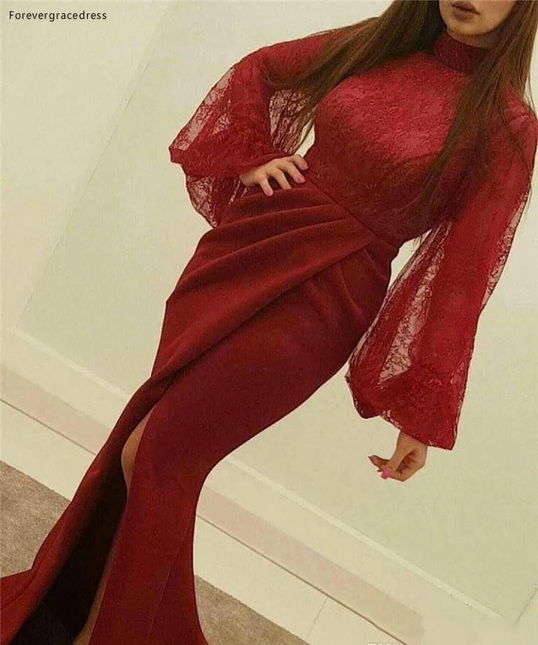 2019 Дешевое Темно-красное вечернее платье Арабского Дубайского мусульманского стиля с высоким воротом, Праздничная одежда знаменитостей, платье для выпускного вечера Плюс размер