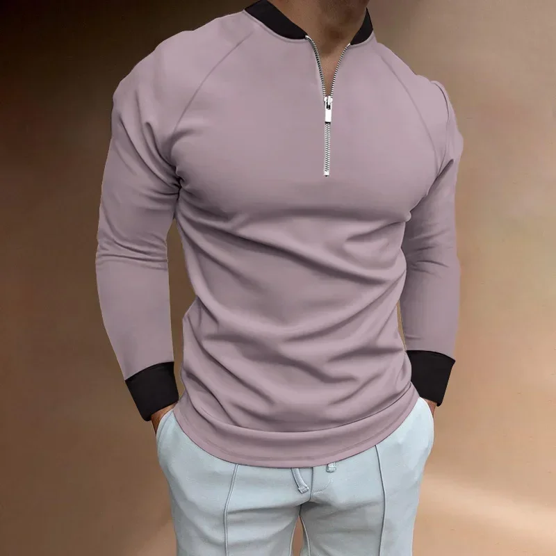 2023 Новая осенняя мужская футболка с длинным рукавом на молнии и круглым вырезом, приталенная рубашка-поло. Футболка Мужская Верхняя