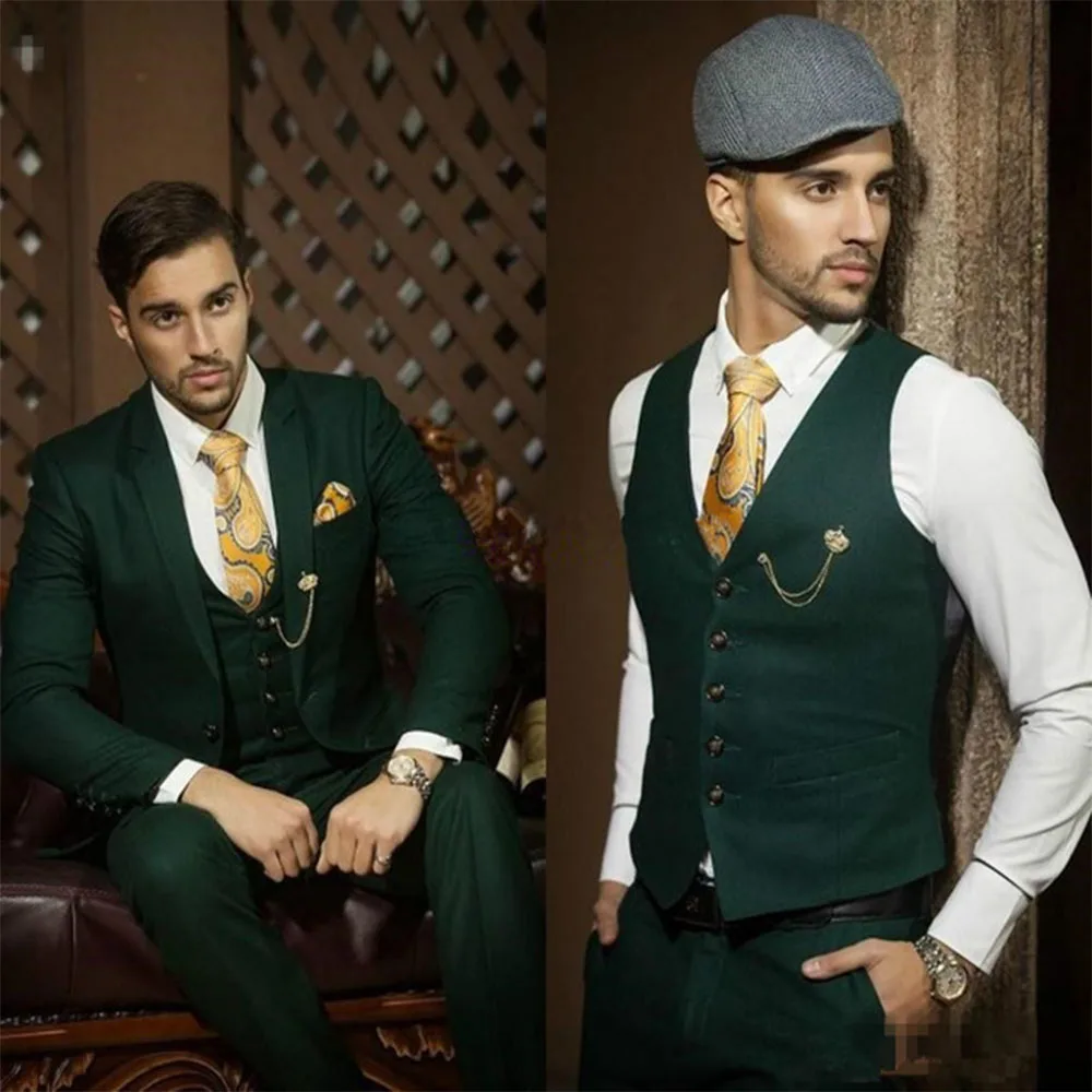 3шт Темно-зеленый пиджак, брюки, жилет, мужские костюмы для свадьбы с зубчатым лацканом, Костюмы на заказ, Сшитая на заказ одежда для вечеринок, мужские костюмы, блейзер