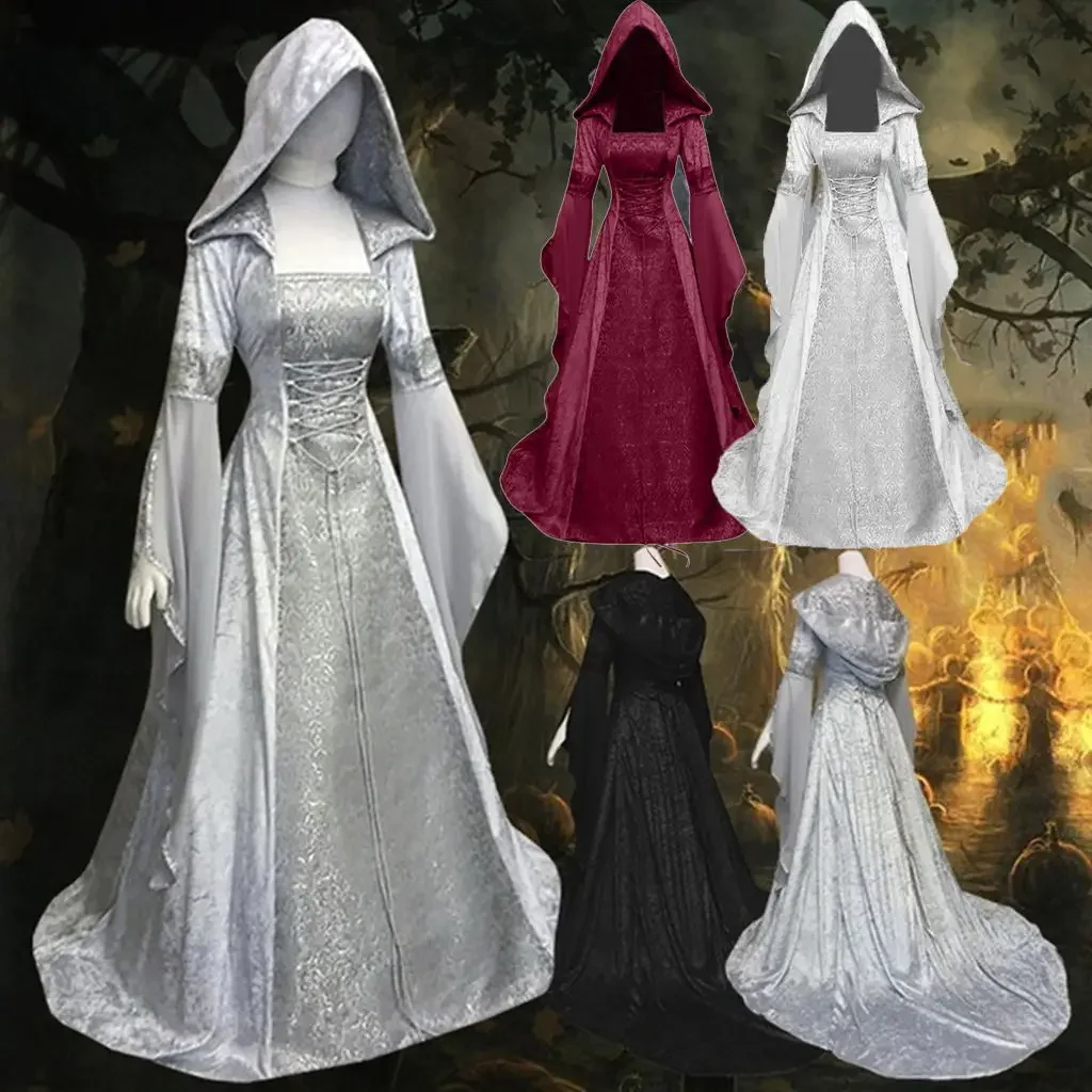 7 цветов, средневековая Ретро-готическая толстовка с капюшоном, длинная юбка ведьмы, роскошное женское праздничное платье, косплей, костюм вампира на Хэллоуин для взрослых
