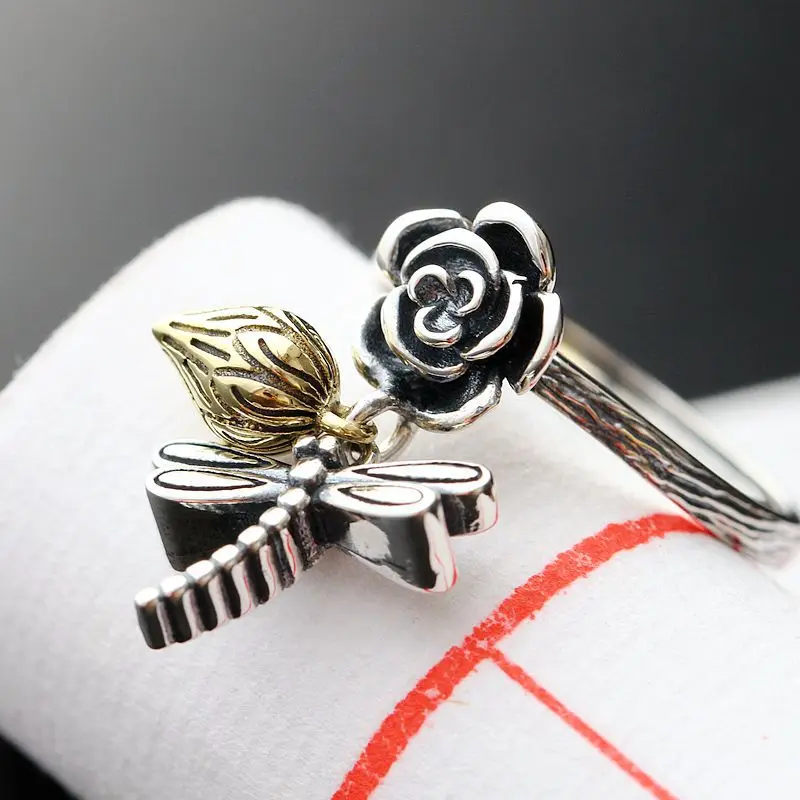 BOCAI New S925, комбинированное кольцо из чистого серебра и меди, женское серебряное кольцо с кисточками, стрекозы, розы, кольцо с лотосом, женское серебряное кольцо