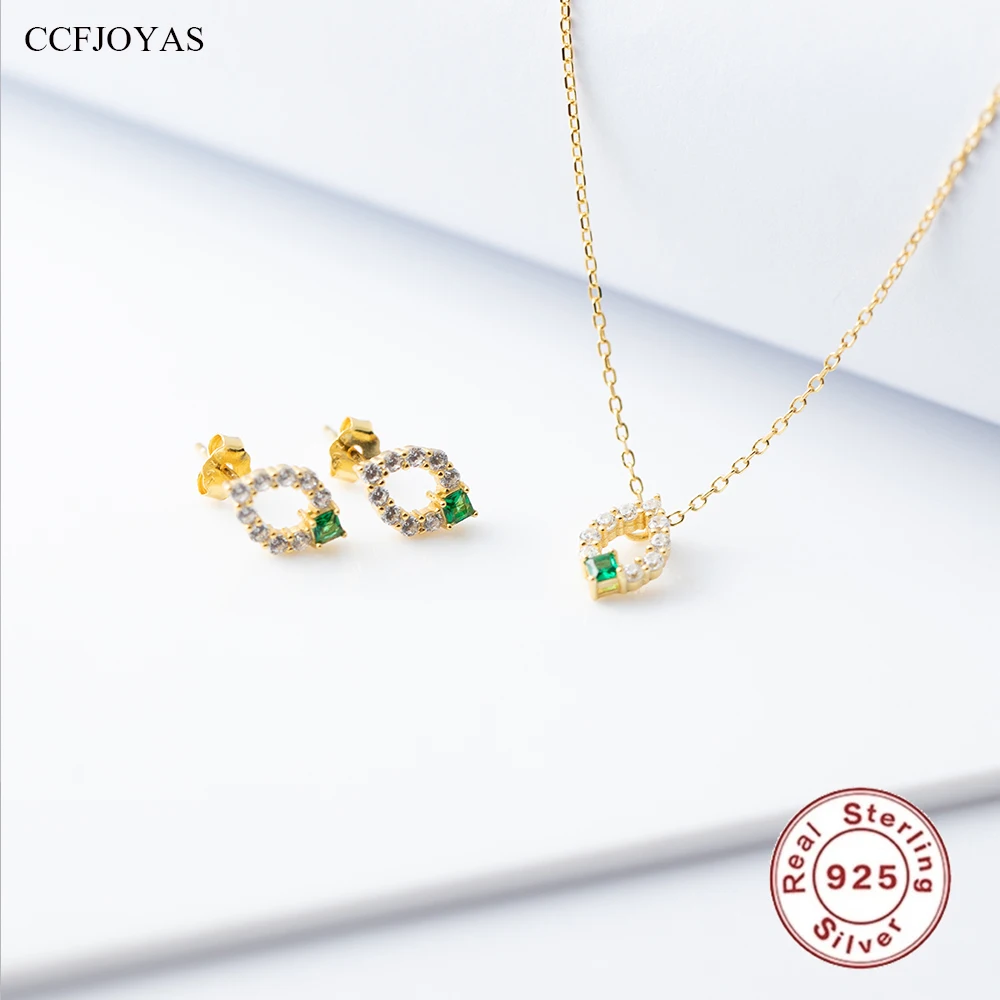 CCFJOYAS Ожерелье и серьги из 100% стерлингового серебра 925 пробы, Простое ожерелье с подвеской в форме листа, изумрудно-зеленые серьги, ювелирный набор