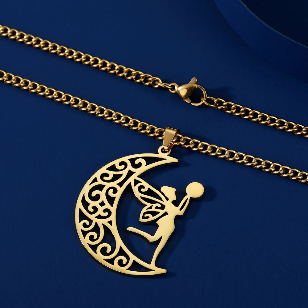 COOLTIME Ожерелье с подвеской в виде полумесяца и феи для женщин, ожерелье с цепочкой из нержавеющей стали, ювелирные изделия, подарок на Женский день