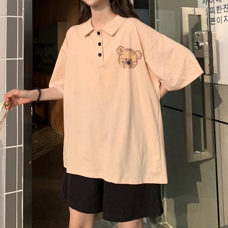 Deeptown, Японские футболки-поло в стиле преппи, Женские Корейские футболки-оверсайз Kawaii Bear, топ с коротким рукавом, милая уличная винтажная футболка