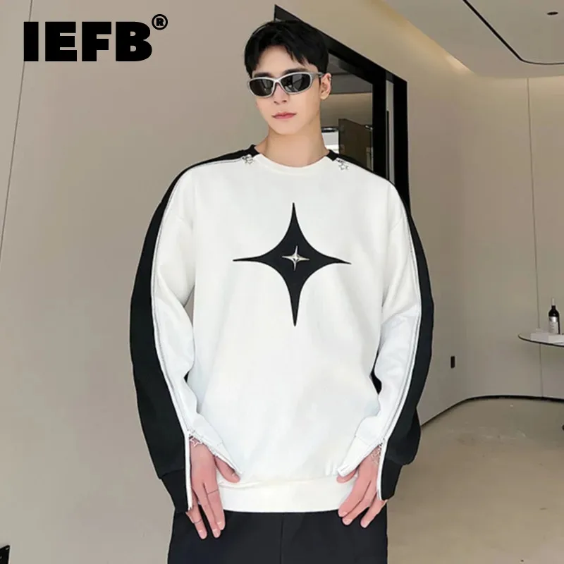 IEFB Мужские Открытые футболки, Новый Модный Контрастный Цвет, Нишевый Дизайн На Молнии, Свободный Повседневный Мужской Корейский Модный Топ в стиле Пэчворк 9A7261
