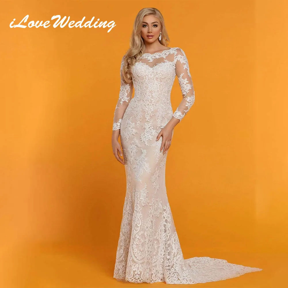 ILoveWedding Винтажное кружевное свадебное платье Русалки с длинными рукавами и круглым вырезом, платье невесты с аппликацией в виде замочной скважины сзади, шлейф Vestido De Novia