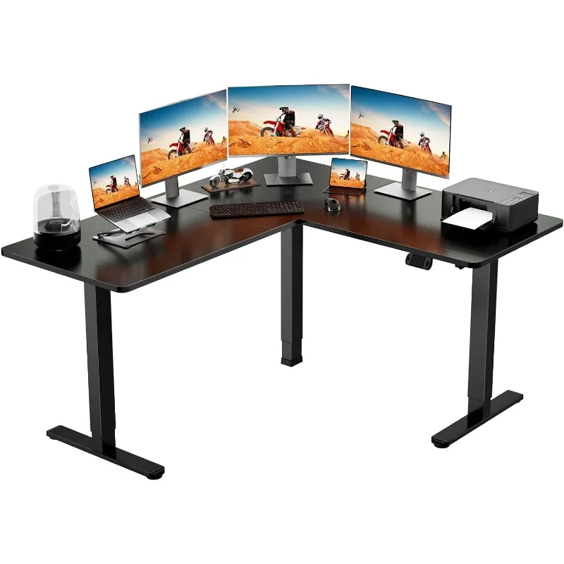L-образный электрический письменный стол, 63 дюйма, двойной мотор, регулируемый по высоте, Угловой письменный стол для сидения