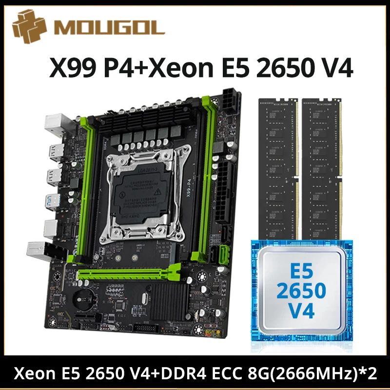 MOUGOL Новая Материнская плата X99 P4 с процессором Intel Xeon E5 2650 V4 и двухканальной оперативной памятью DDR4 8Gx2 2666 МГц ECC для Игрового компьютера
