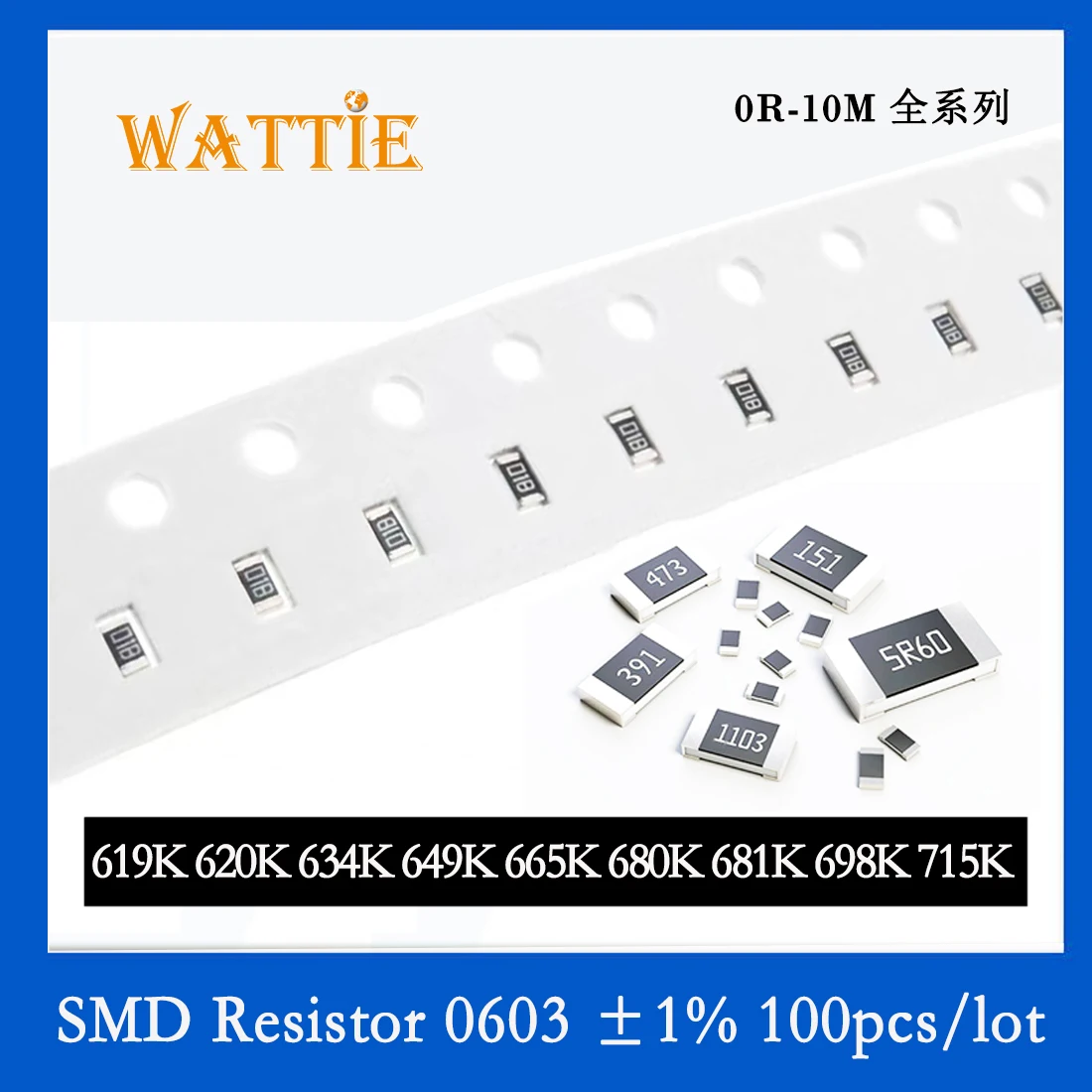 SMD резистор 0603 1% 619K 620K 634K 649K 665K 680K 681K 698K 715K 100 шт./лот микросхемные резисторы 1/10 Вт 1.6 мм*0.8 мм