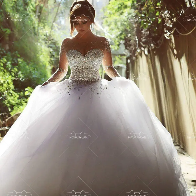 Vestido De Noiva Винтажное свадебное платье с длинным рукавом 2023, Расшитое бисером, Хрустальное Бальное платье в виде сердечка, Свадебное платье