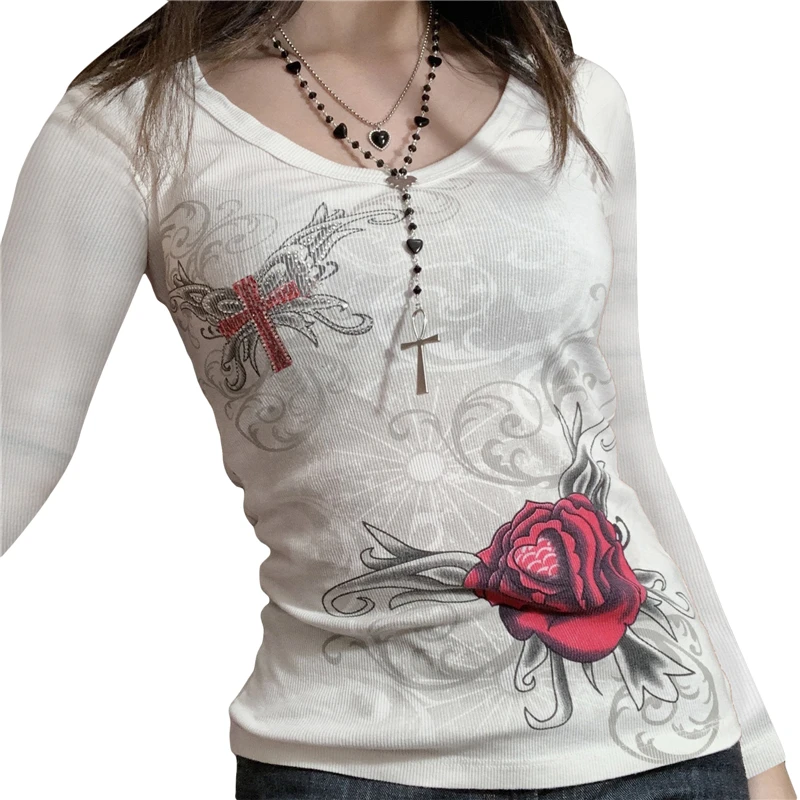 y2k Fairy Grunge Топы с длинными рукавами, женские футболки с круглым вырезом и принтом розы из страз 2000-х, винтажные футболки с графическим рисунком, готическая уличная одежда
