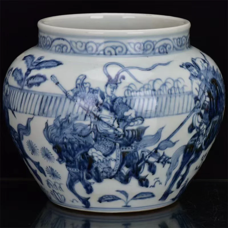 Антикварный фарфоровый горшок MingDynasty белого и синего цвета с персонажами войн, ручная роспись, коллекция и украшение