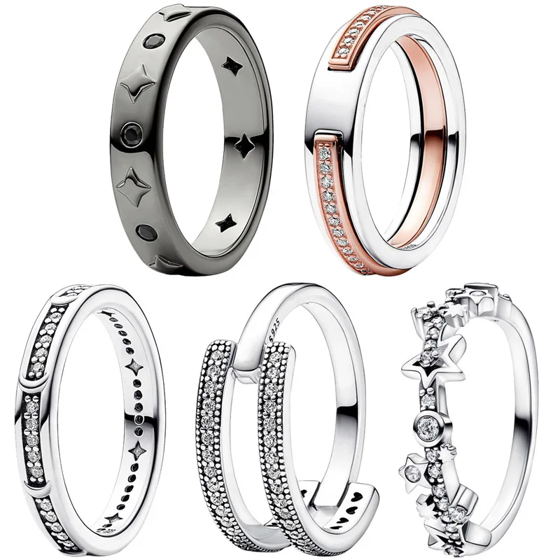 Аутентичный серебряный полумесяц 925 пробы, звезды, Фирменное двухцветное кольцо с двойным покрытием для женщин, подарочные модные украшения