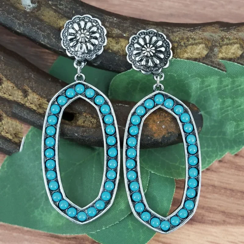 Богемные серьги с голубым камнем, племенные этнические серьги из античного серебра, большие полые овальные серьги с синим камнем для женщин, ювелирные изделия