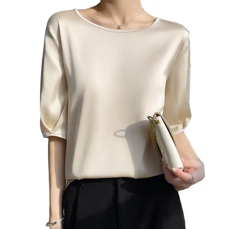 Весенне-летняя Корейская атласная женская рубашка 2023 года, Новинка, круглый вырез, Средний рукав, галстук, повседневный женский топ для пригородных поездок, blusa mujer moda