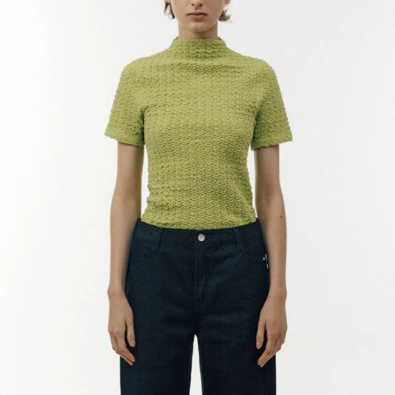 Весна-лето 2023 г., футболка с коротким рукавом и полуприлегающим вырезом, женский стрейчевый приталенный пуловер.