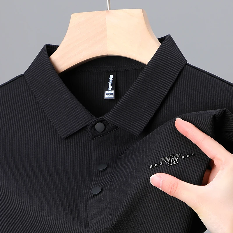 Высококачественная Мужская рубашка поло Ice Silk класса Люкс, Новинка лета 2023, Корейский деловой повседневный костюм для гольфа без следов с коротким рукавом
