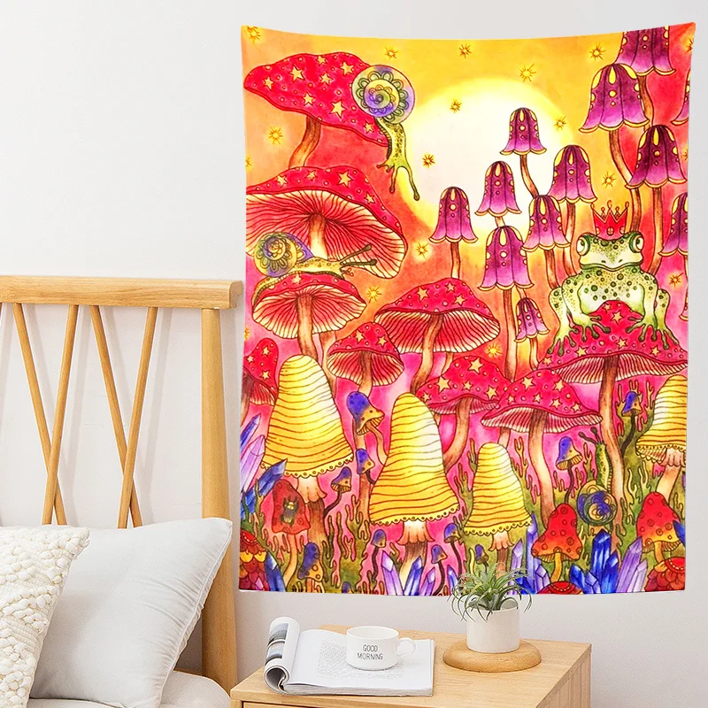 Гобелен с грибной лягушкой, висящий на стене, Красочный гриб, солнце, Луна, мультфильм, красочный фоновый плакат, домашний декор, декор ковра, принт