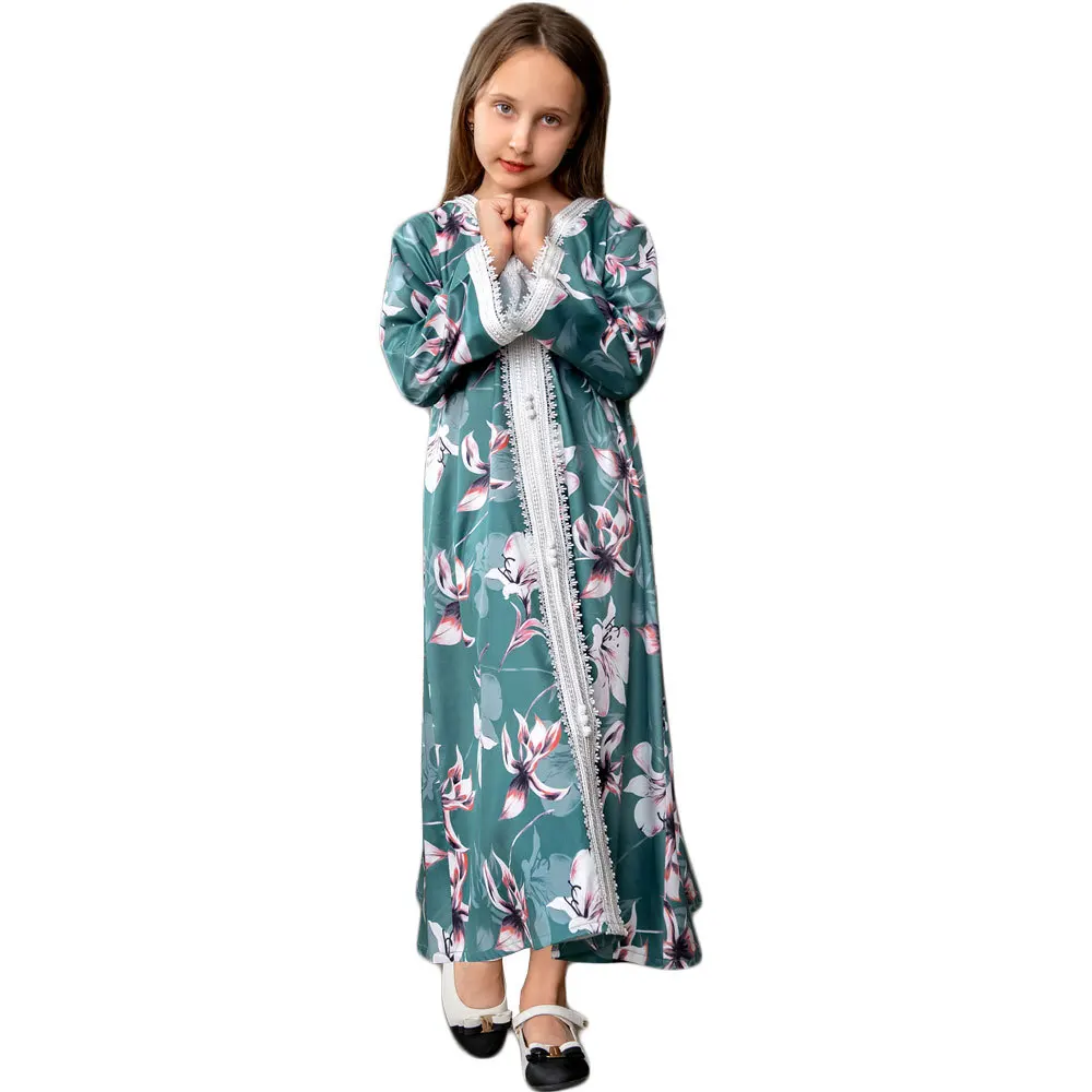 Девушки Дети Мусульманское Платье Абая Исламская Одежда Дубай Платье С Цветочным Принтом Детский Халат Ид Рамадан Арабский Джилбаб Марокко Кафтан