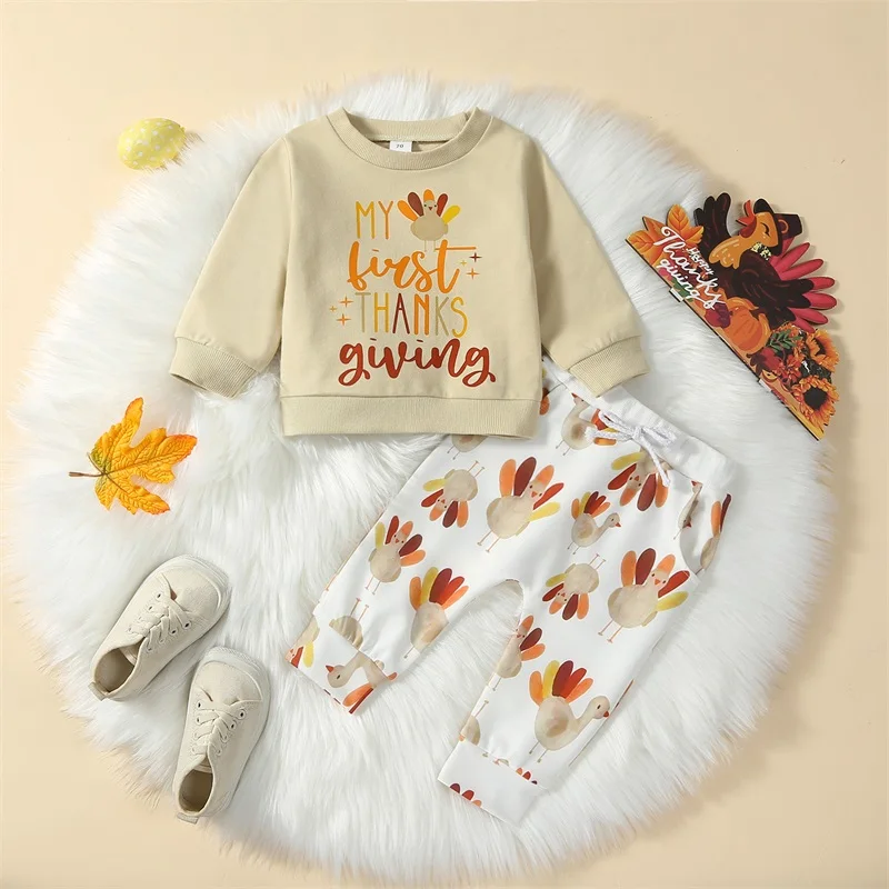 Детский комплект одежды на День Благодарения из 2 предметов, милая толстовка с длинными рукавами и принтом Индейки, пуловер и штаны, комплект осенней одежды для младенцев