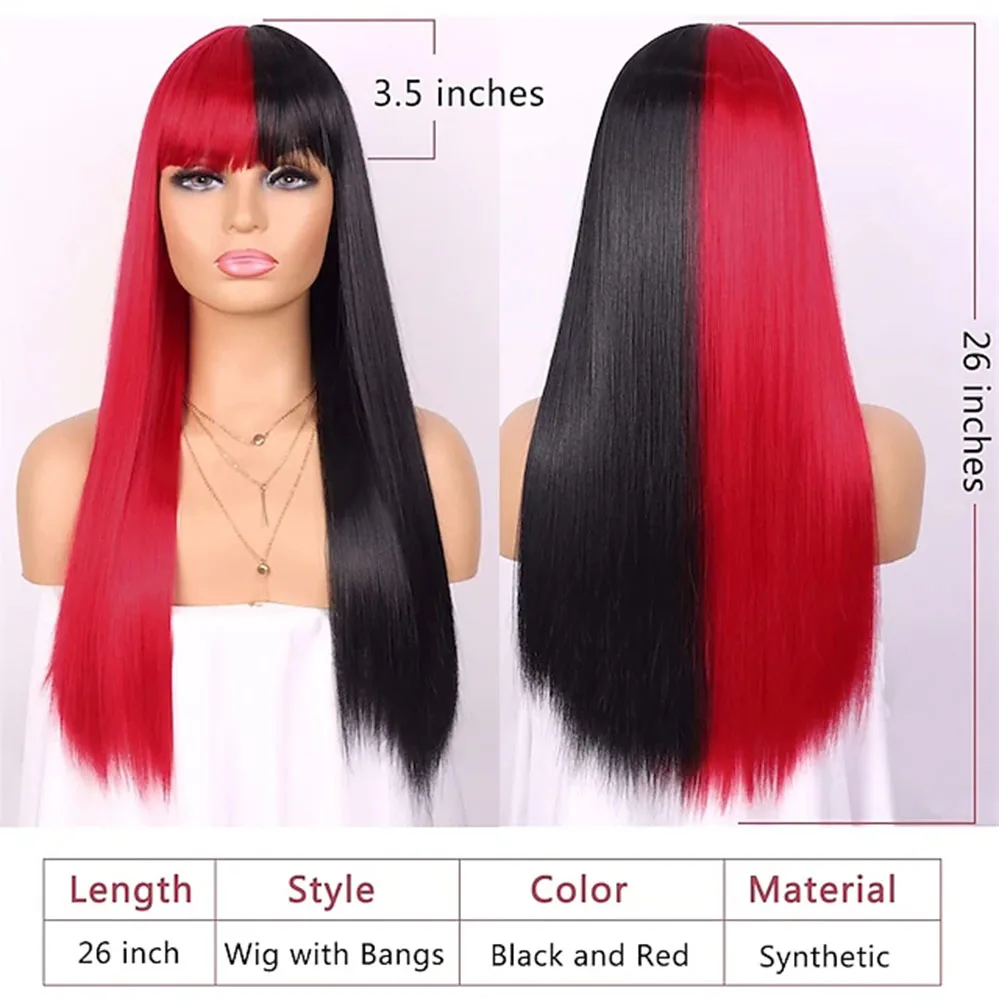 Длинный прямой наполовину красный, наполовину черный парик с челкой, термостойкие парики для костюмов на Хэллоуин для женщин