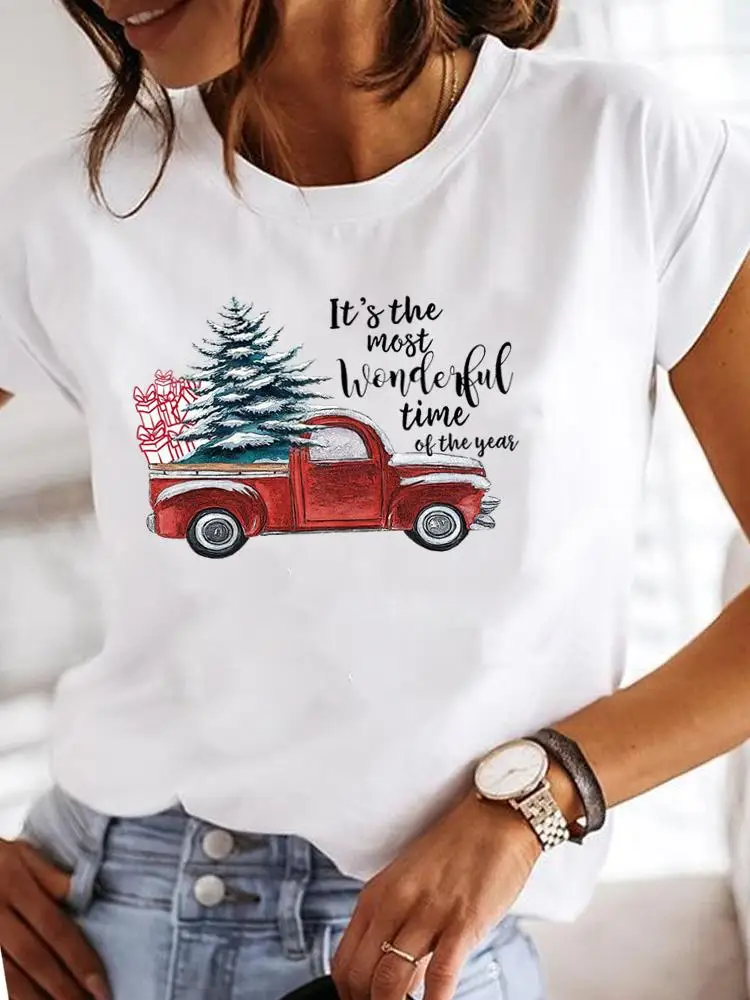 Женская модная Рождественская Новогодняя праздничная футболка, одежда, милые футболки с буквенным принтом в виде дерева с коротким рукавом, женские футболки