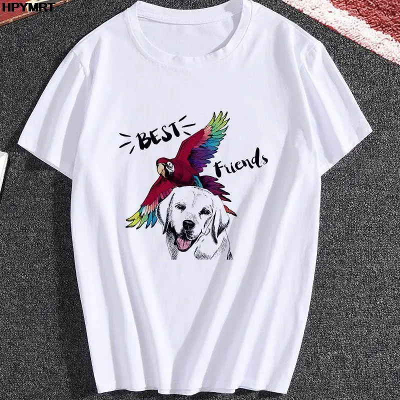 Женская футболка с изображением попугая и собаки, модная летняя футболка в стиле харадзюку с коротким рукавом, женская одежда, топы, футболки, футболки
