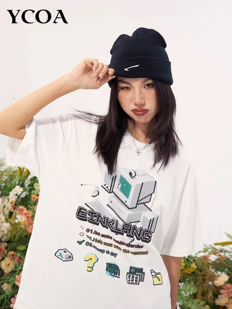Женская футболка, хлопковые топы Y2k, летняя Корейская модная футболка с коротким рукавом, графический принт Harajuku Kawaii, уличная одежда, эстетическая одежда