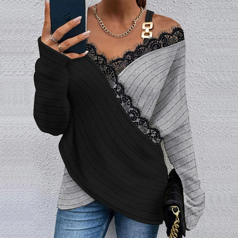 Женская элегантная блузка в полоску контрастного цвета, сексуальный кружевной Свободный пуловер в стиле пэчворк, топы, повседневная рубашка с длинным рукавом, уличная одежда Blusa
