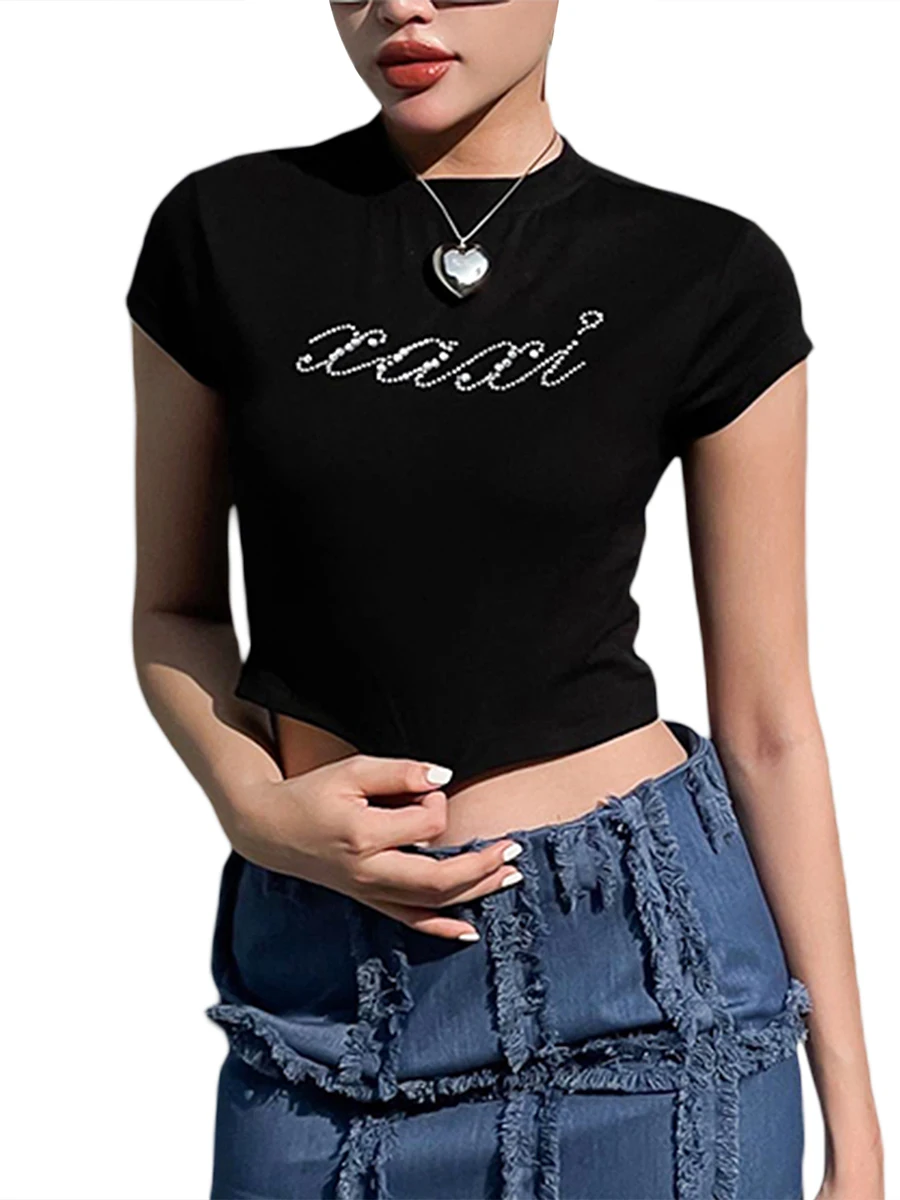 Женские модные топы со стразами, облегающие футболки с круглым вырезом и коротким рукавом, Летние рубашки с открытым пупком, уличная одежда