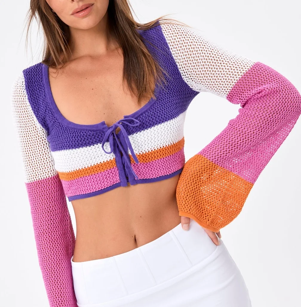 Женские модные трикотажные топы контрастного цвета в красочную полоску, свитер с круглым вырезом и длинным рукавом, Весенние Повседневные Пуловеры