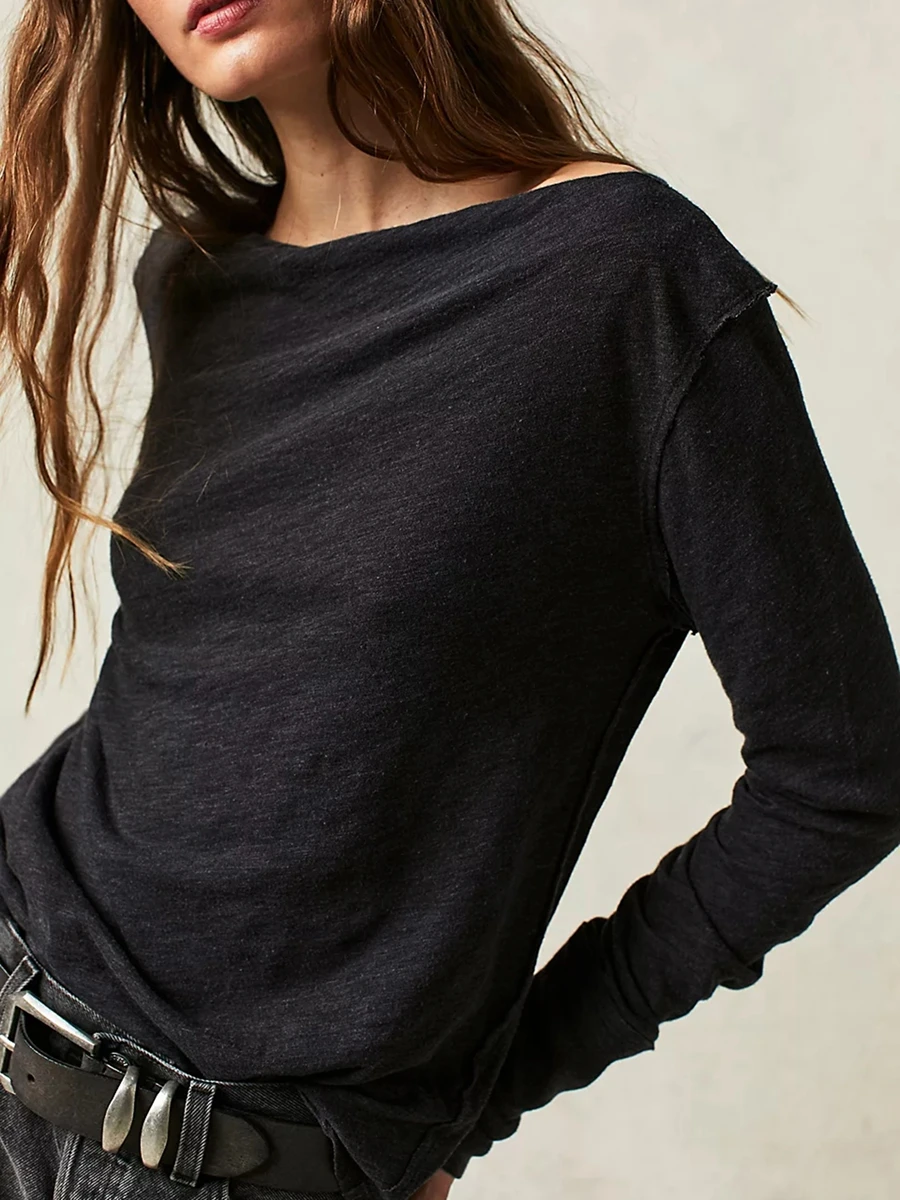 Женские рубашки с круглым вырезом и длинными рукавами в рубчик Y2K, облегающие футболки с круглым вырезом, однотонные осенние пуловеры, укороченные топы