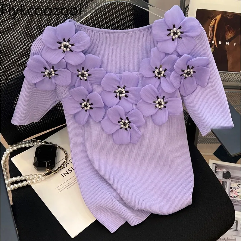 Женские топы, летние универсальные фиолетовые клеши с вышивкой, Милые трикотажные футболки с 3D-цветами с коротким рукавом, женская одежда
