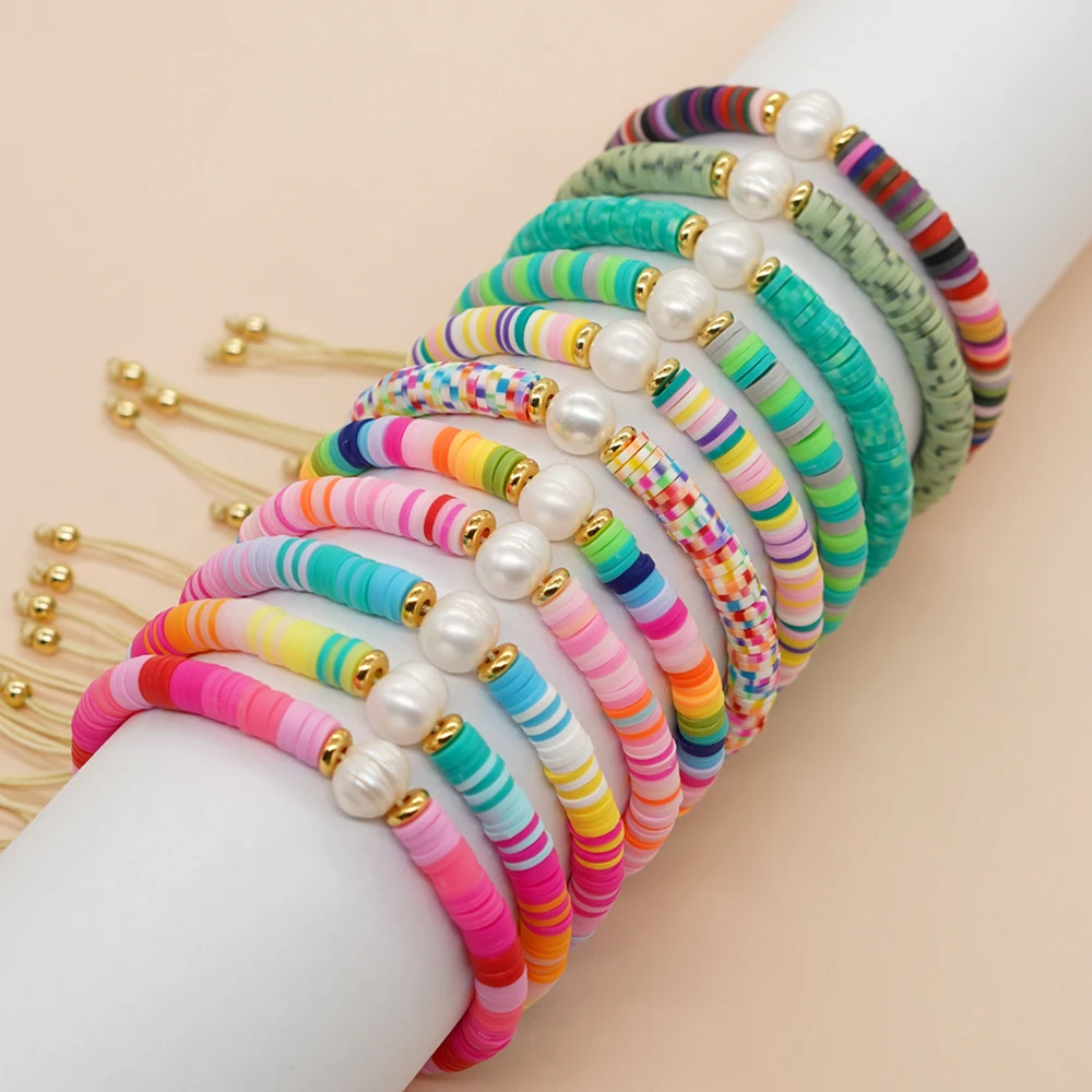 Женский браслет из разноцветной глины BohoBliss с подвеской из пресноводного жемчуга на шнуровке Pulseras Mujer, Новинка в модной бижутерии