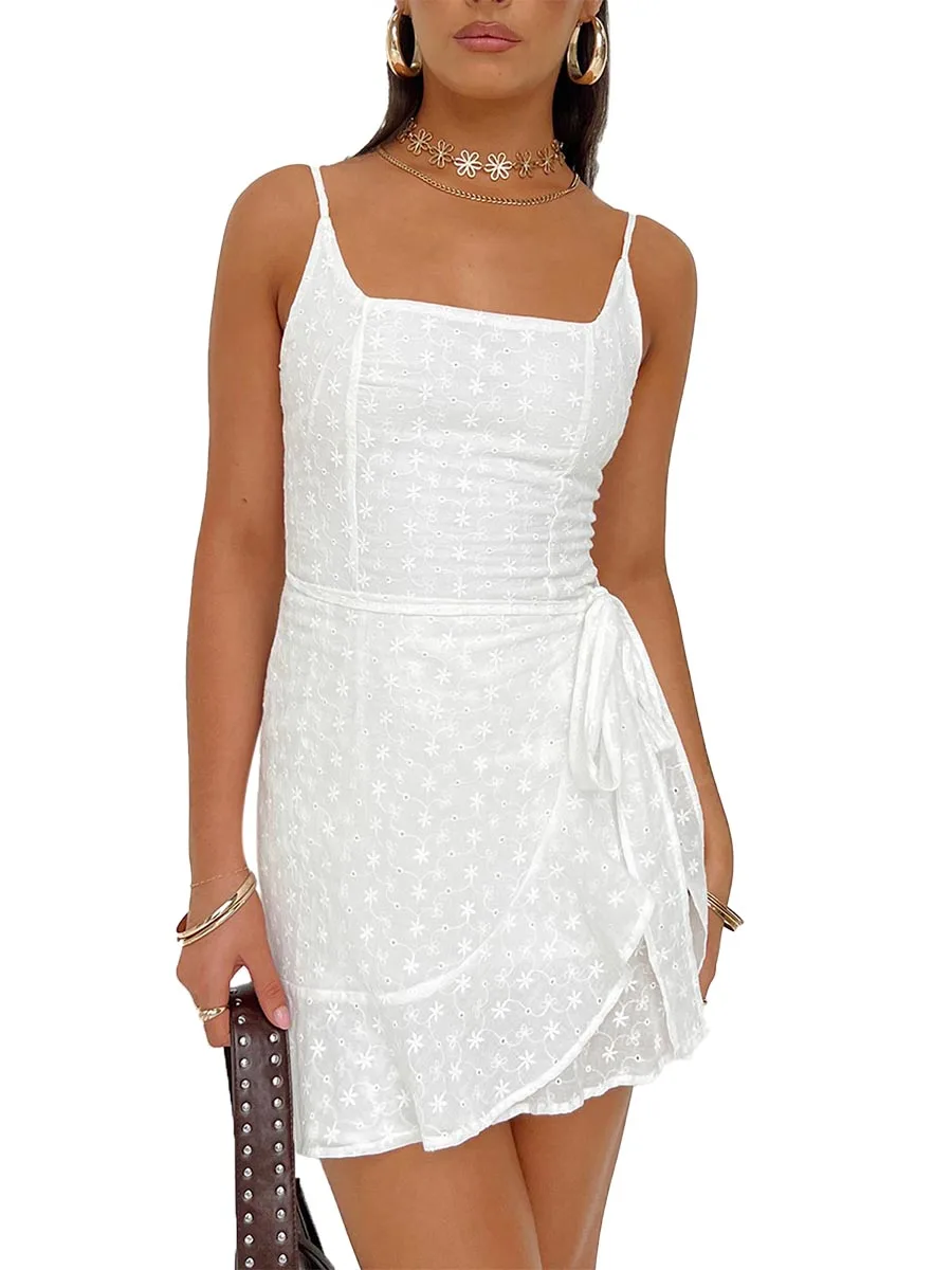 Женское летнее сексуальное платье на бретельках, белое пляжное платье с рюшами и цветочным рисунком, мини-платье трапециевидной формы с открытой спиной, белое пляжное платье без рукавов