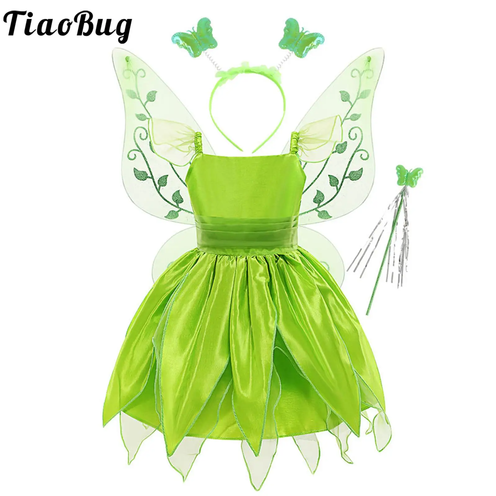 Зеленый детский костюм принцессы Динь-динь для девочек, платье для косплея эльфа без рукавов с обручем для волос, набор крыльев-палочек для девочки от 2 до 10 лет