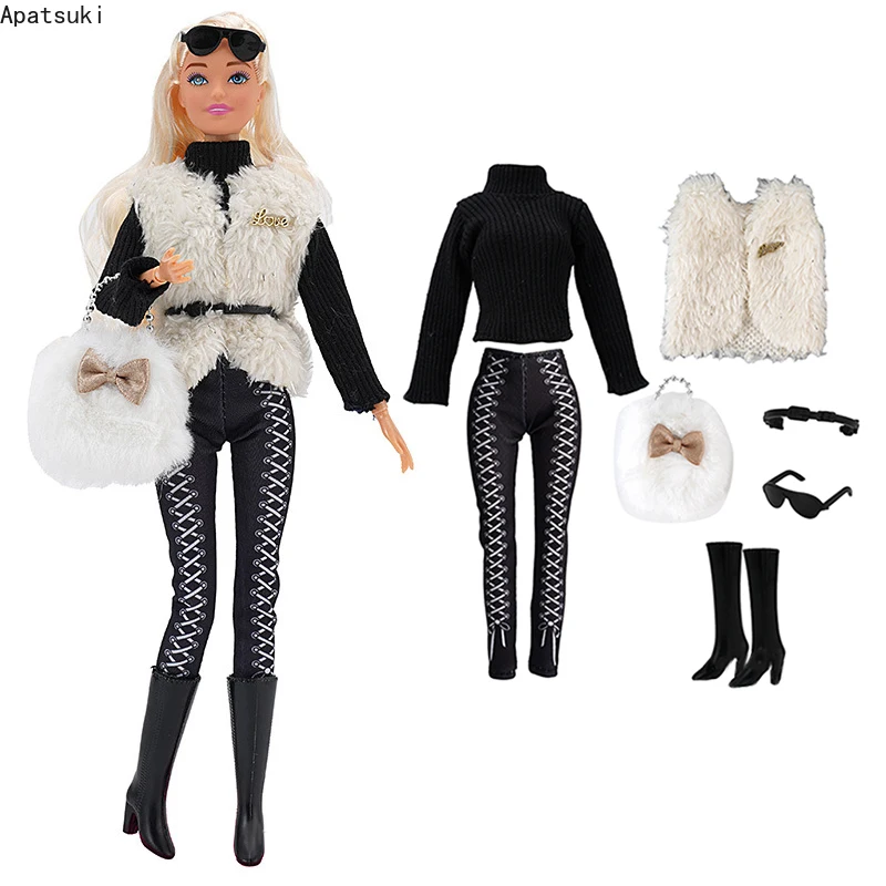 Зимние модные наряды для куклы Барби Комплект одежды Белый Меховой жилет Пальто Черный топ Брюки Сапоги Ремень Солнцезащитные очки Сумка 1/6 Аксессуары