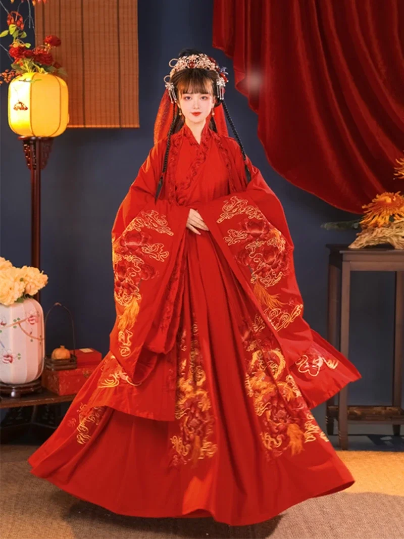Китайские традиционные свадебные платья для женщин, винтажная вышивка Жениха невесты, красная рубашка с большим рукавом, костюм Феи, черный комплект Hanfu
