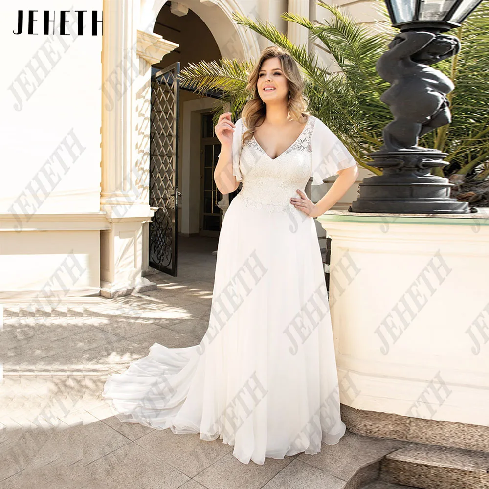 Классические свадебные платья JEHETH Больших размеров Для женщин, платья для невесты с V-образным вырезом и шнуровкой сзади, шифоновая аппликация vestidos de novia