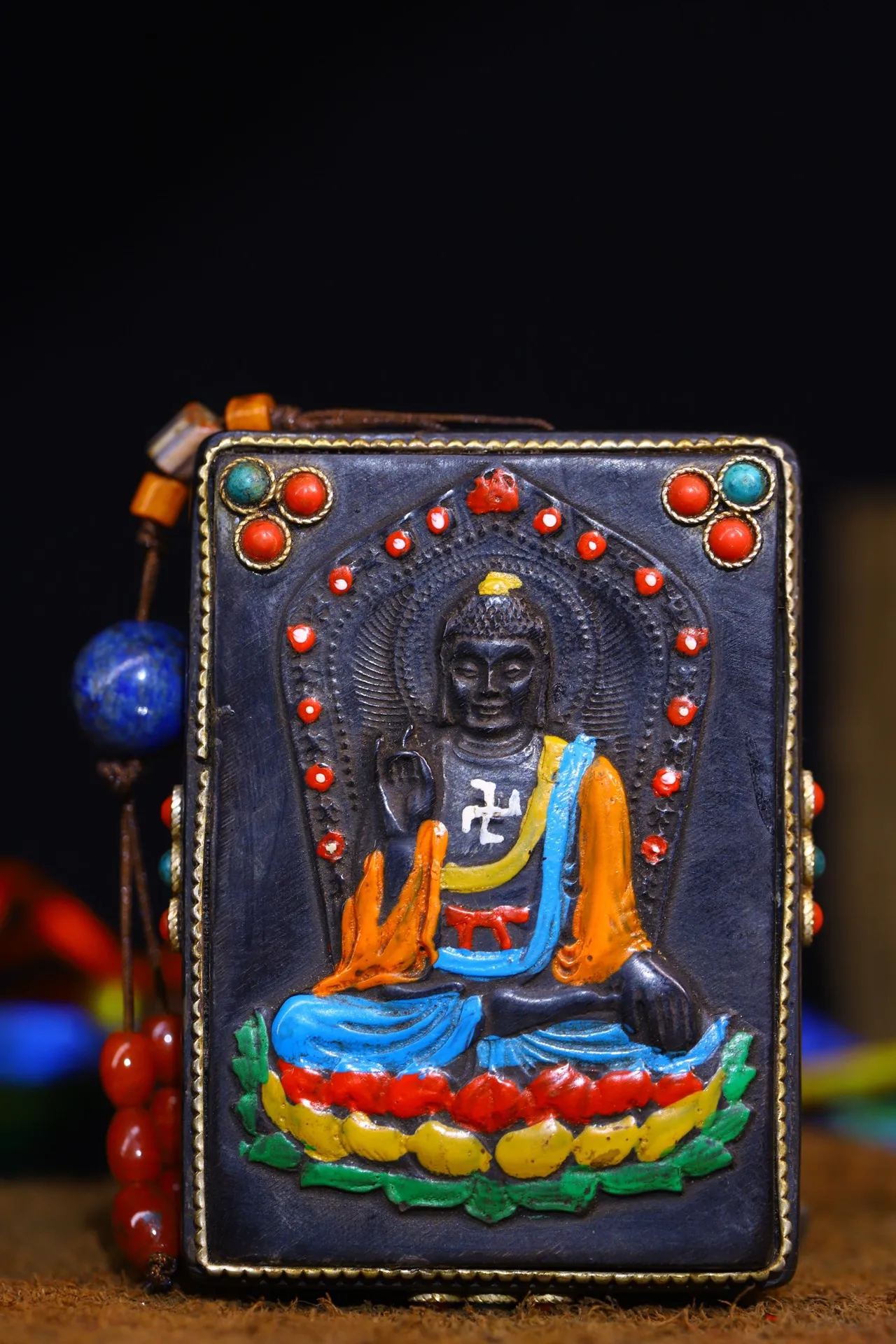 Коллекция Тибетского храма 3 дюйма, старинная мозаика из натурального рога, драгоценный камень Гзи, бусины лотоса Шакьямуни, платформа Будды, подвеска-амулет Дхармы