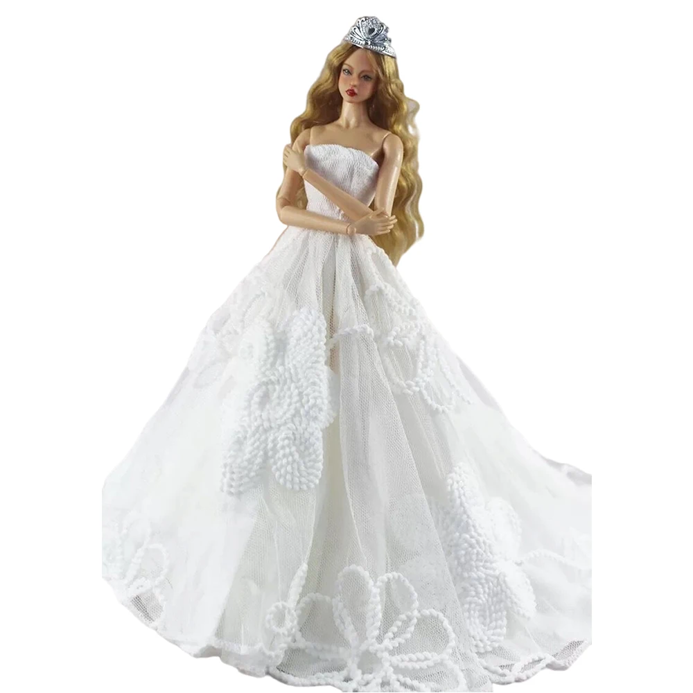 Комплект NK1 1/6 Модное Белое кружевное свадебное платье принцессы + Корона, Благородная вечерняя одежда для куклы Барби, аксессуары, детская подарочная игрушка