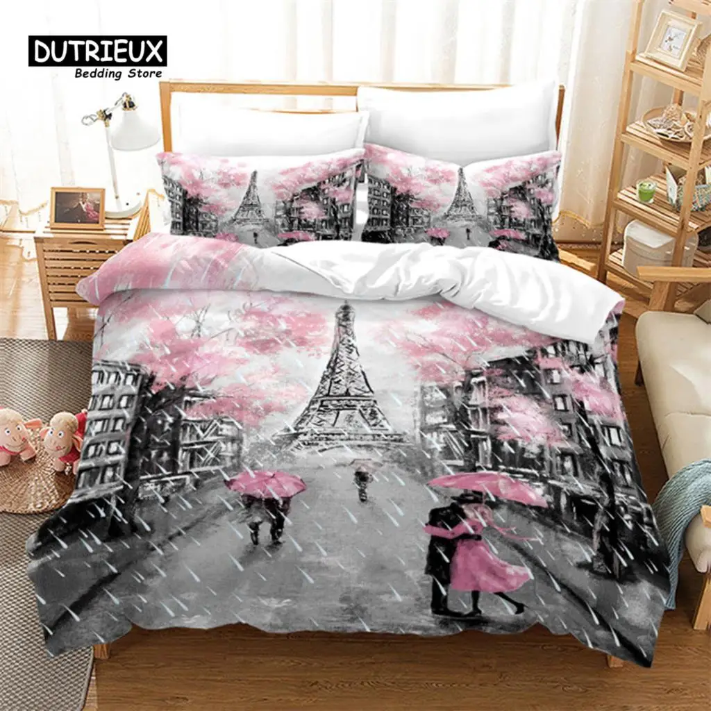 Комплект постельного белья 3D Paris, Эйфелева башня, Набор пододеяльников, Романтическая пара с зонтиками на улице, одеяло с наволочками