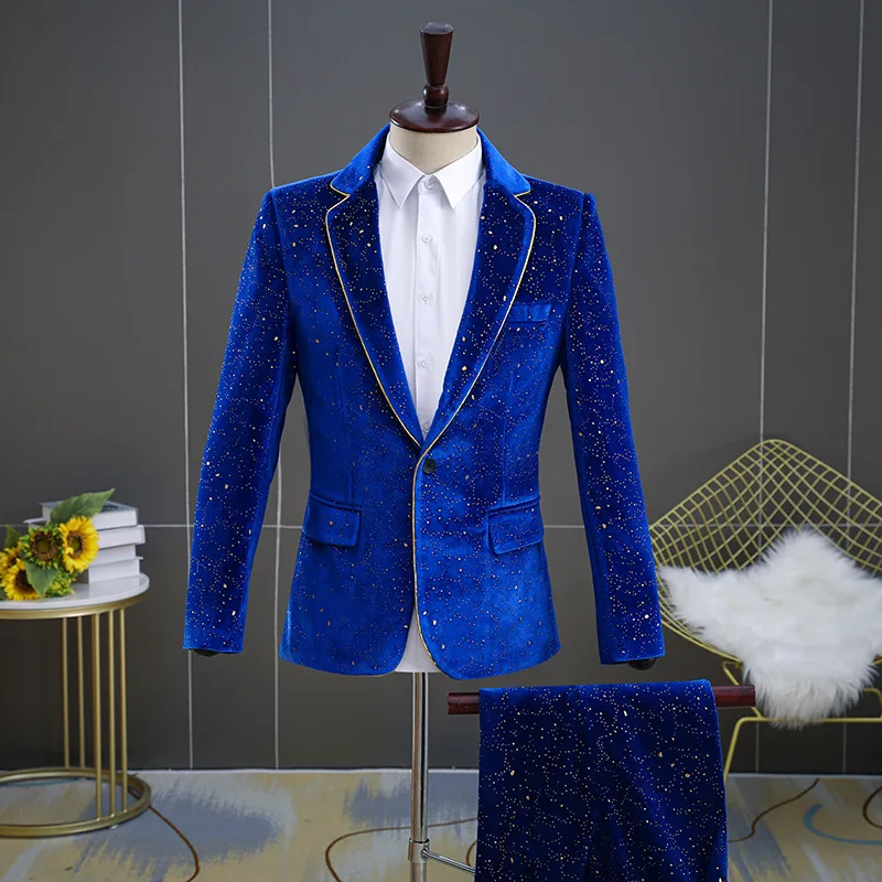 Костюм, комплект из 2 предметов, бархатный костюм с позолотой для выступлений на сцене, мужская куртка (блейзер + брюки)
