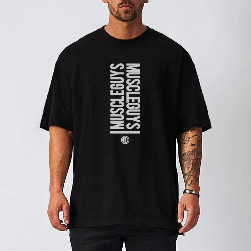Летняя футболка оверсайз, мужская модная спортивная футболка, дышащая футболка в стиле хип-хоп с коротким рукавом, повседневные сетчатые дышащие футболки для фитнеса в тренажерном зале