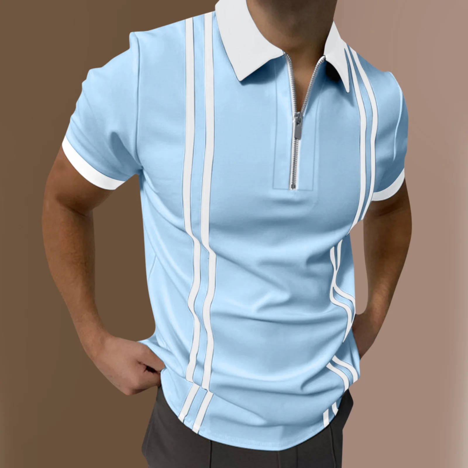 Лето 2022, Новые Мужские рубашки Поло, высококачественная повседневная мода, мужские поло в полоску с коротким рукавом, молнии с отложным воротником